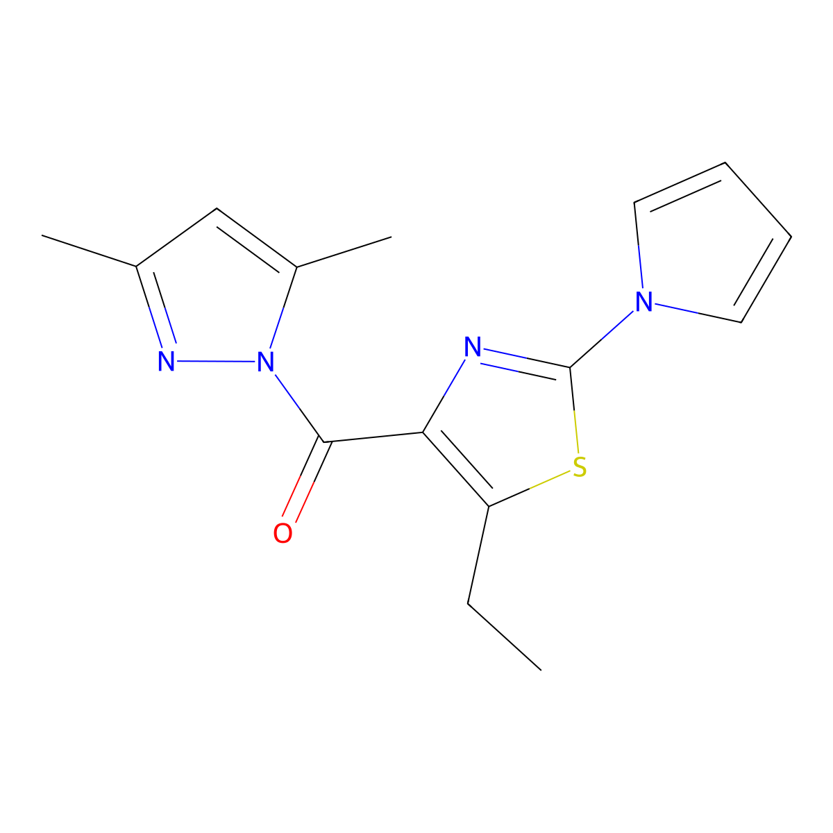 (3,5-Dimethyl-1H-pyrazol-1-yl)(5-ethyl-2-(1H-pyrrol-1-yl)thiazol-4-yl)methanone molecular structure, CAS 1707562-55-7