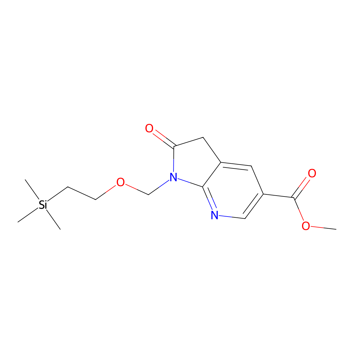 methyl 2-oxo-1-{[2-(trimethylsilyl)ethoxy]methyl}-1H,2H,3H-pyrrolo[2,3-b]pyridine-5-carboxylate molecular structure, CAS 1707580-41-3