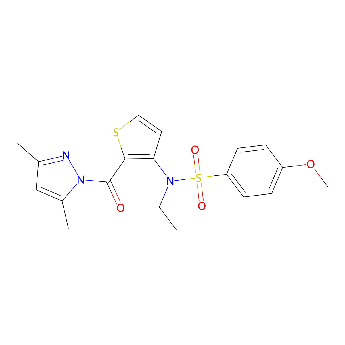 N-{2-[(3,5-dimethyl-1H-pyrazol-1-yl)carbonyl]-3-thienyl}-N-ethyl-4-methoxybenzenesulfonamide molecular structure, CAS 1707586-32-0