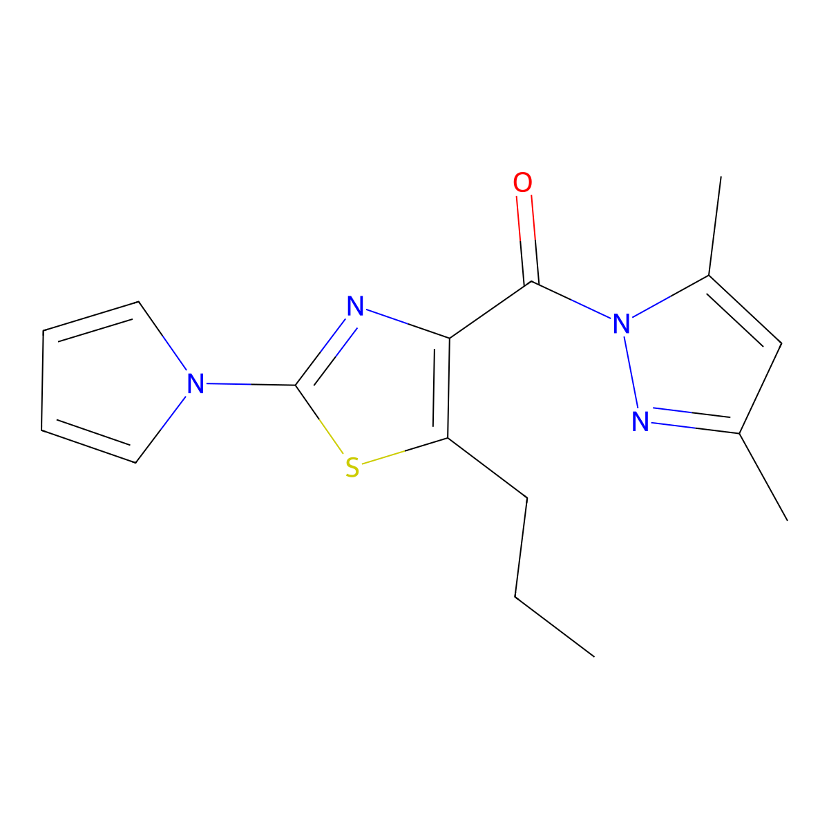 4-[(3,5-dimethyl-1H-pyrazol-1-yl)carbonyl]-5-propyl-2-(1H-pyrrol-1-yl)-1,3-thiazole molecular structure, CAS 1707586-34-2