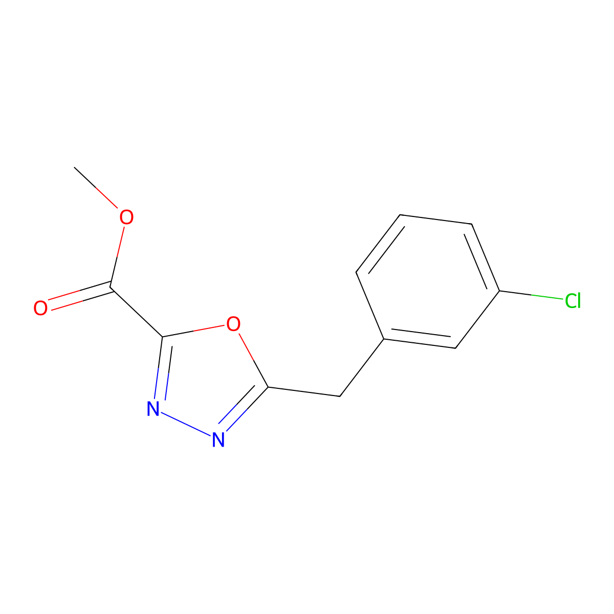 Methyl 5-[(3-chlorophenyl)methyl]-1,3,4-oxadiazole-2-carboxylate molecular structure, CAS 1708008-24-5
