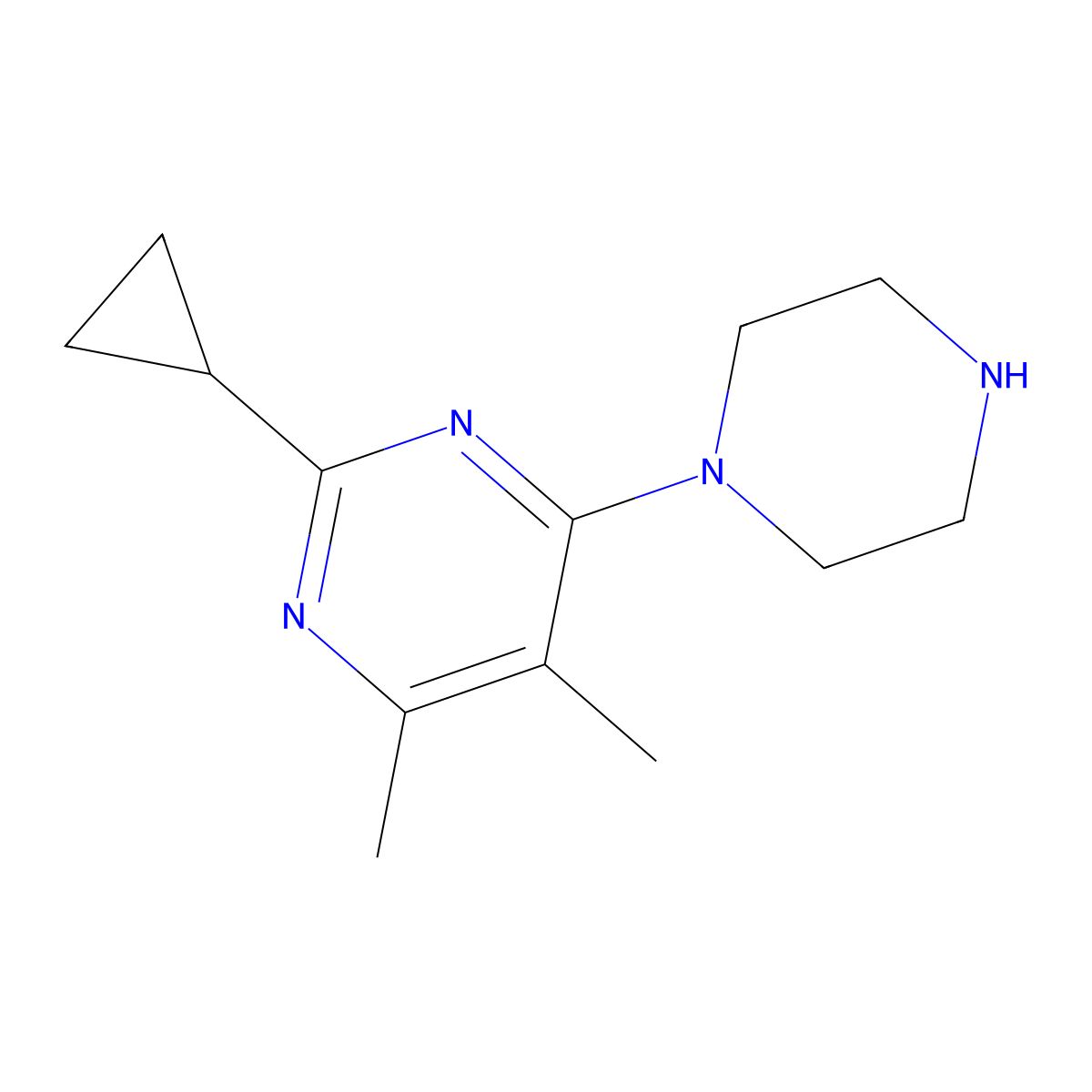 2-Cyclopropyl-4,5-dimethyl-6-piperazin-1-yl-pyrimidine molecular structure, CAS 1708080-36-7