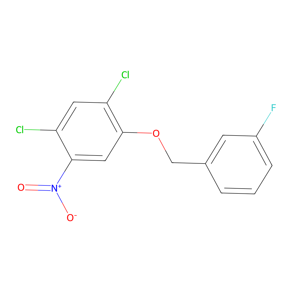 1,5-Dichloro-2-[(3-fluorophenyl)methoxy]-4-nitrobenzene molecular structure, CAS 1708126-05-9