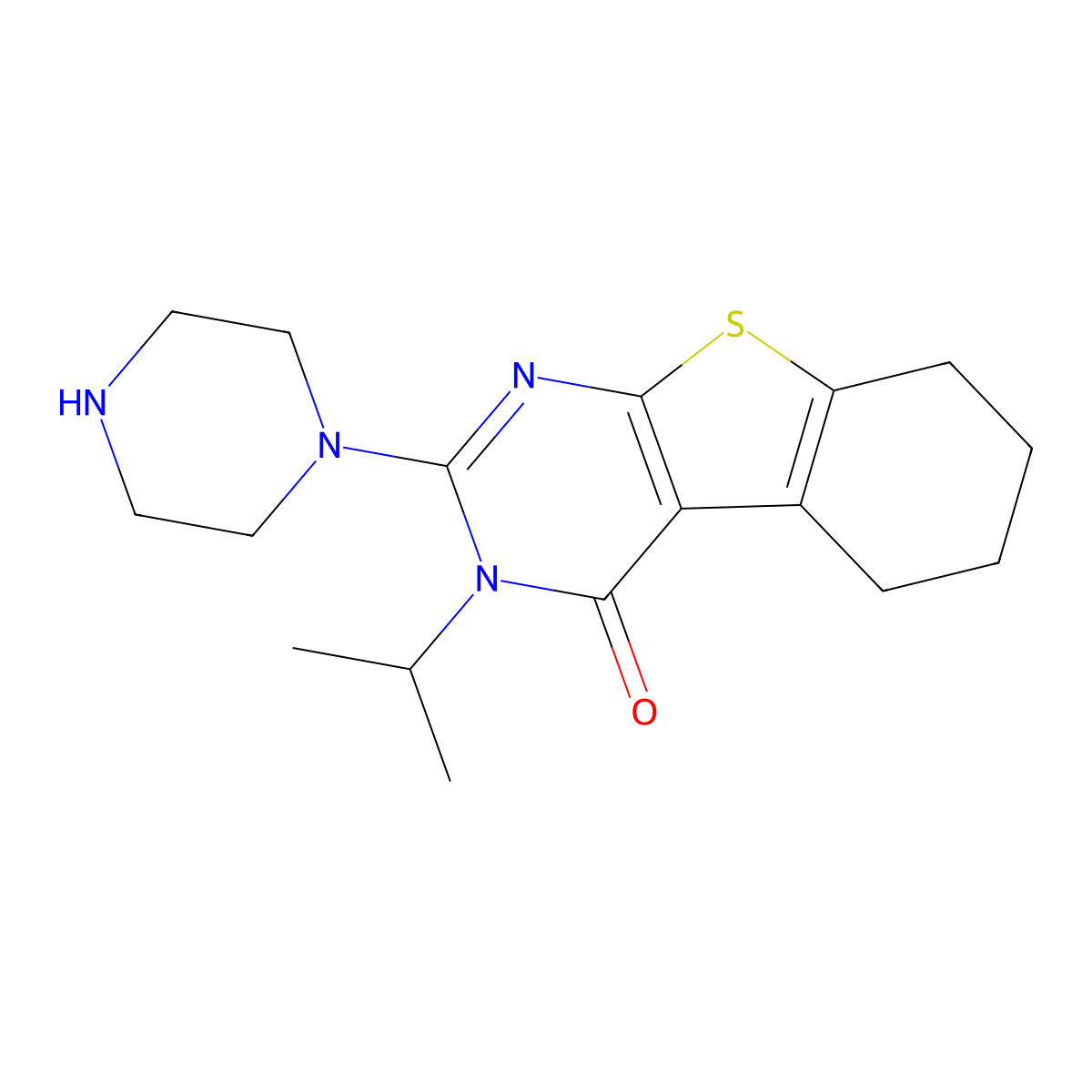 3-Isopropyl-2-(piperazin-1-yl)-5,6,7,8-tetrahydrobenzo[4,5]thieno[2,3-d]pyrimidin-4(3H)-one molecular structure, CAS 1708168-16-4