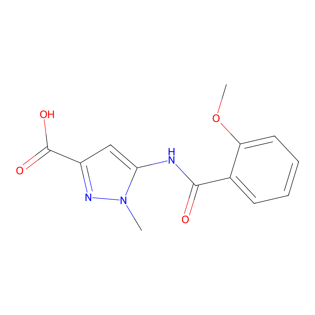 5-(2-methoxybenzamido)-1-methyl-1H-pyrazole-3-carboxylic acid molecular structure, CAS 1708251-51-7