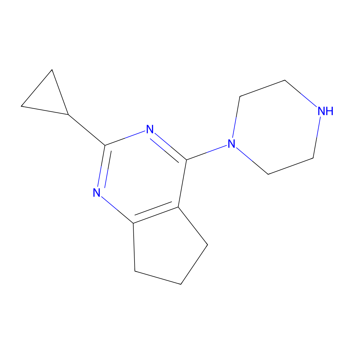 2-Cyclopropyl-4-(piperazin-1-yl)-6,7-dihydro-5H-cyclopenta[d]pyrimidine molecular structure, CAS 1708268-57-8