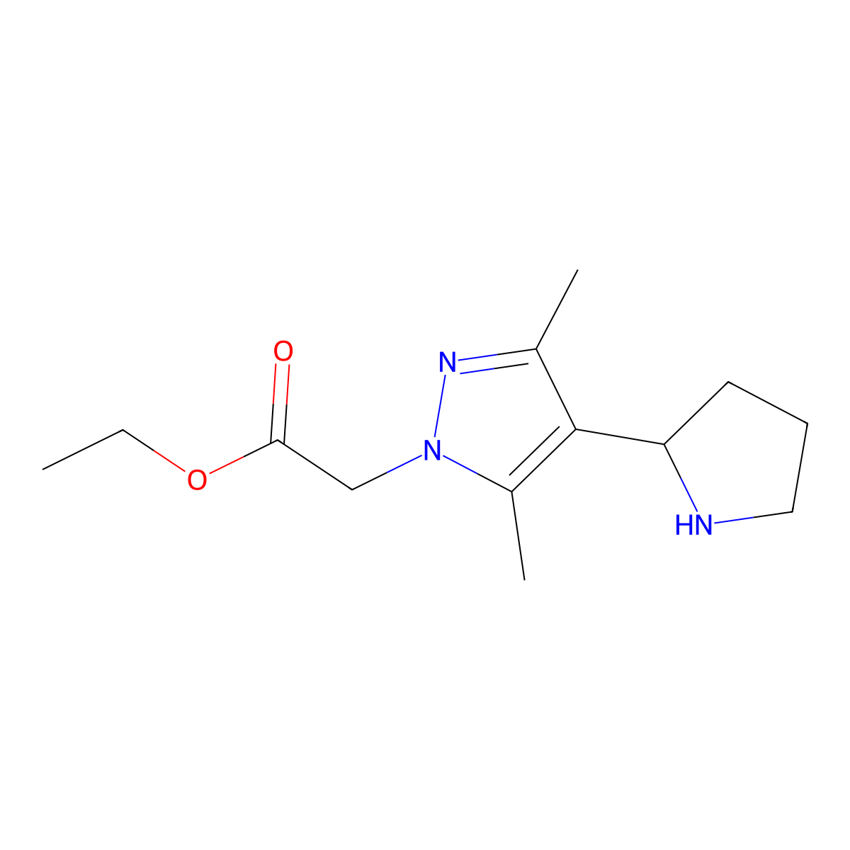 Ethyl 2-(3,5-dimethyl-4-(pyrrolidin-2-yl)-1H-pyrazol-1-yl)acetate molecular structure, CAS 1708268-95-4