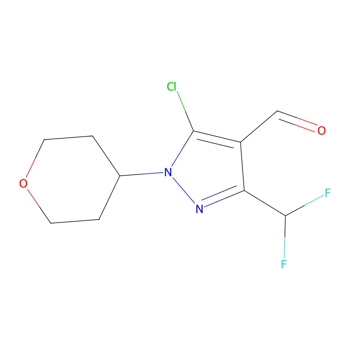 5-Chloro-3-(difluoromethyl)-1-(tetrahydro-2H-pyran-4-yl)-1H-pyrazole-4-carbaldehyde molecular structure, CAS 1708437-55-1