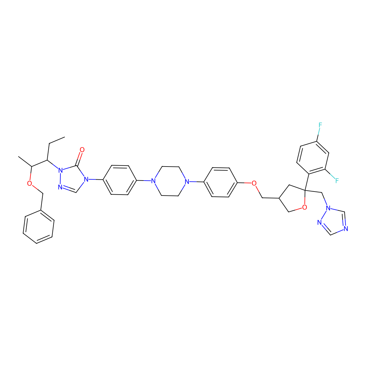 2,5-Anhydro-1,3,4-trideoxy-2-C-(2,4-difluorophenyl)-4-[[4-[4-[4-[1-[(1S,2S)-1-ethyl-2-(phenylmethoxy)propyl]-1,5-dihydro-5-oxo-4H-1,2,4-triazol-4-yl]phenyl]-1-piperazinyl]phenoxy]methyl]-1-(1H-1,2,4-triazol-1-yl)-D-threo-pentitol molecular structure, CAS 170985-86-1