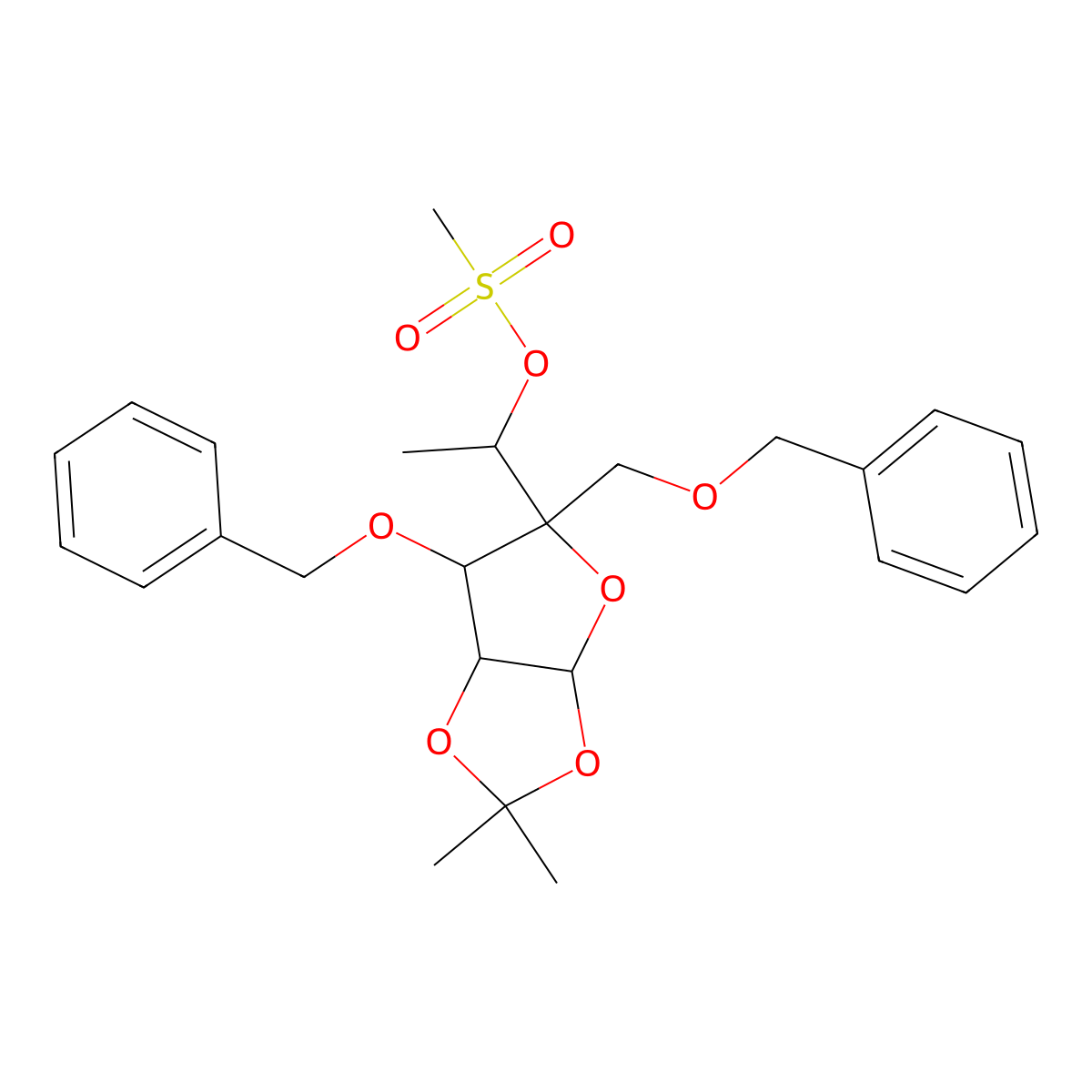 (R)-1-((3aR,5R,6S,6aR)-6-(Benzyloxy)-5-((benzyloxy)methyl)-2,2-dimethyltetrahydrofuro[2,3-d][1,3]dioxol-5-yl)ethyl methanesulfonate molecular structure, CAS 1709851-18-2
