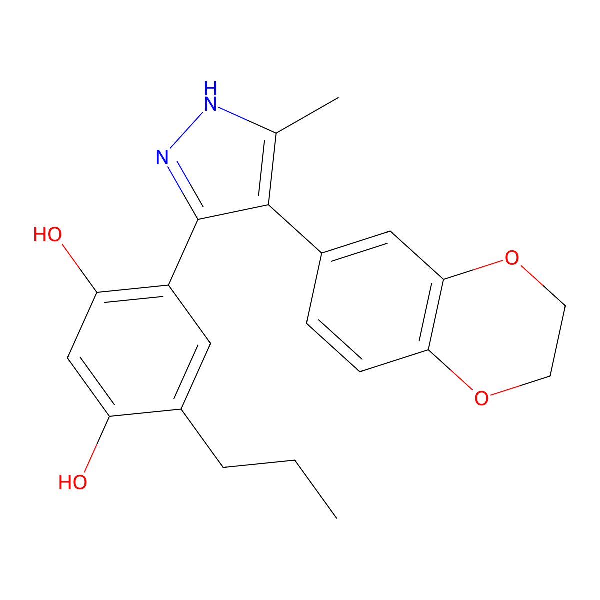 4-(4-(2,3-dihydrobenzo[b][1,4]dioxin-6-yl)-5-methyl-1H-pyrazol-3-yl)-6-propylbenzene-1,3-diol molecular structure, CAS 171009-08-8