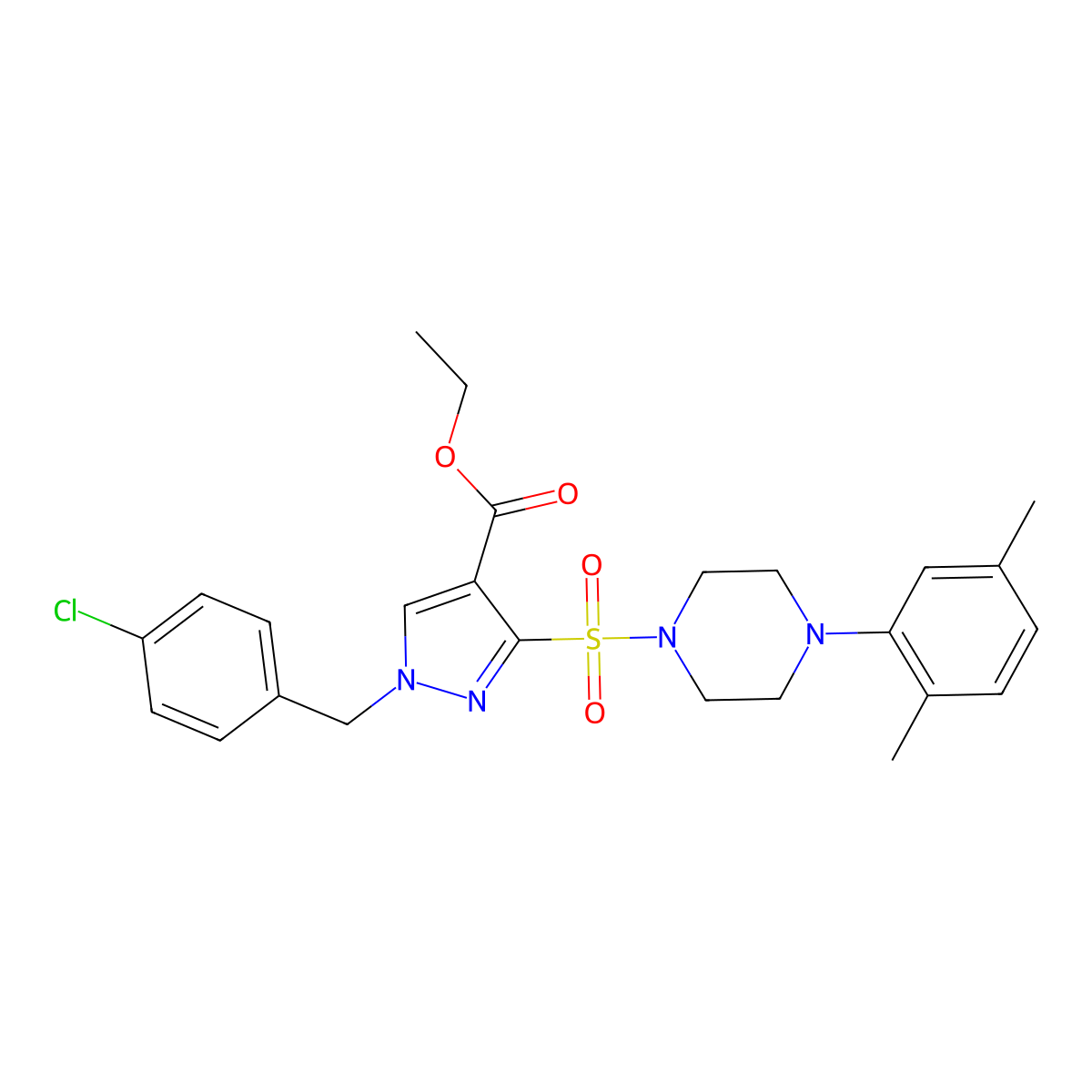 ethyl 1-(4-chlorobenzyl)-3-{[4-(2,5-dimethylphenyl)piperazin-1-yl]sulfonyl}-1H-pyrazole-4-carboxylate molecular structure, CAS 1710202-77-9