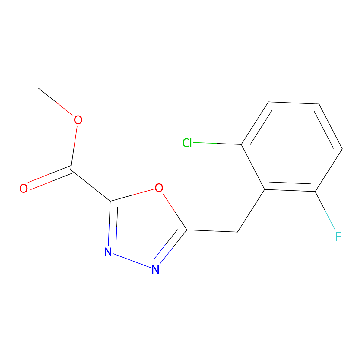 Methyl 5-[(2-chloro-6-fluorophenyl)methyl]-1,3,4-oxadiazole-2-carboxylate molecular structure, CAS 1710271-73-0