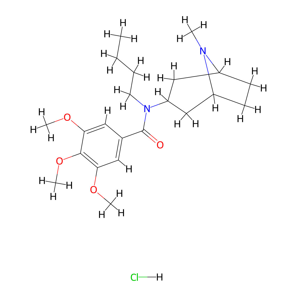 Benzamide, N-butyl-4-(8-methyl-8-azabicyclo(3.2.1)oct-3-yl)-3,4,5-trimethoxy-, monohydrochloride, endo- molecular structure, CAS 171261-29-3