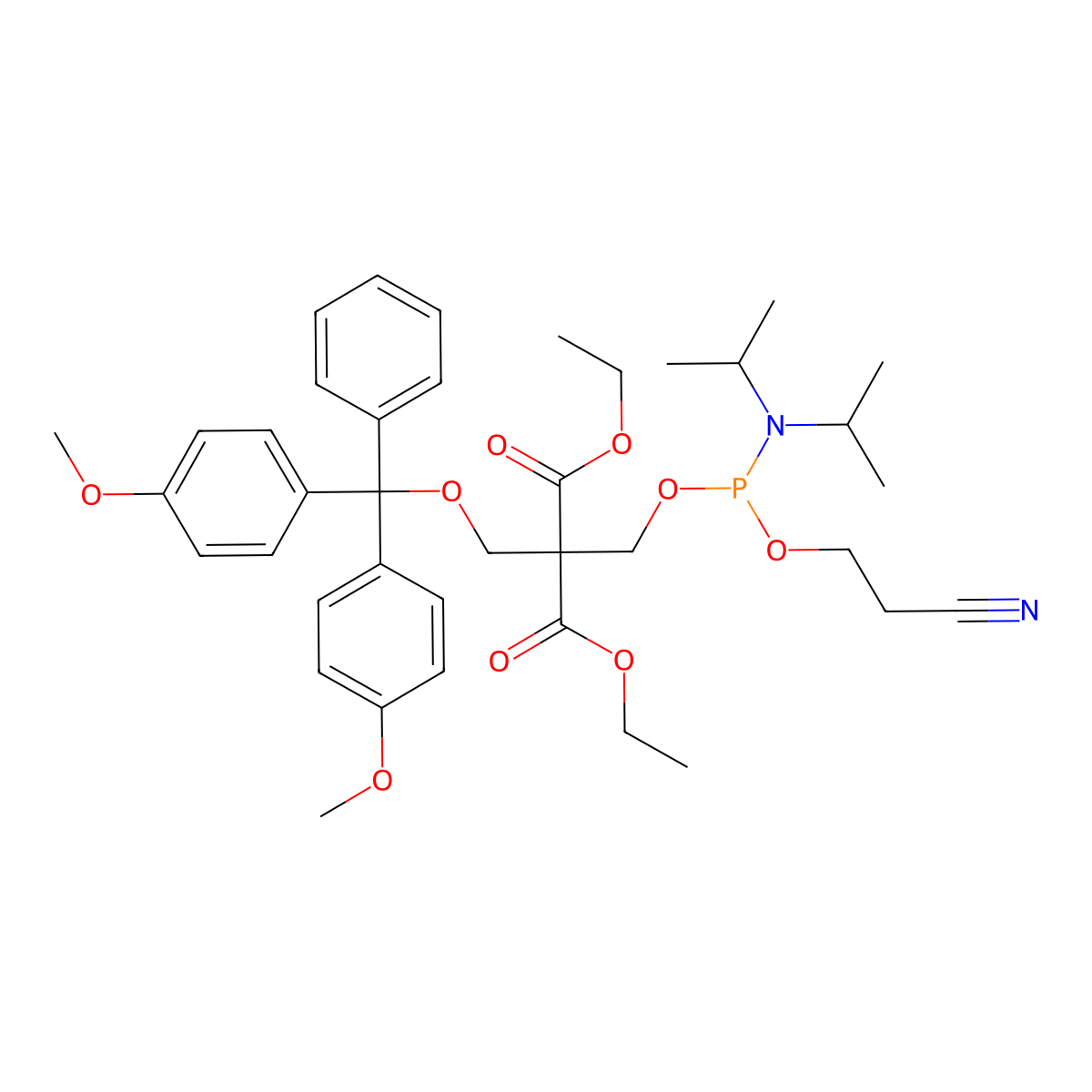 Diethyl 2-((bis(4-methoxyphenyl)(phenyl)methoxy)methyl)-2-((((2-cyanoethoxy)(diisopropylamino)phosphaneyl)oxy)methyl)malonate molecular structure, CAS 171285-25-9