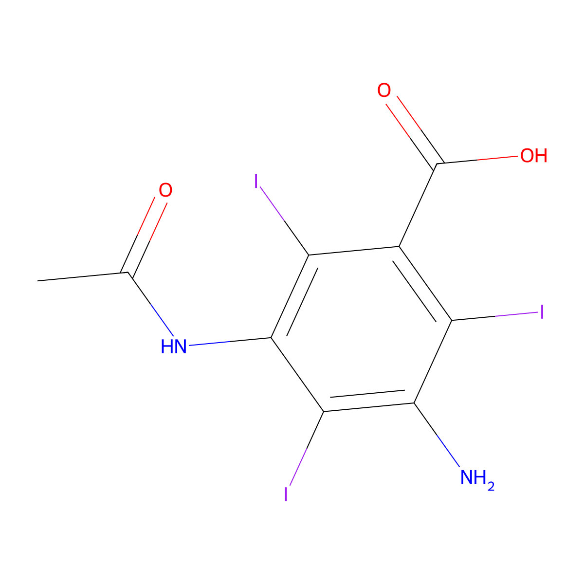 3-Amino-5-acetylamino-2,4,6-triiodobenzoic acid molecular structure, CAS 1713-07-1