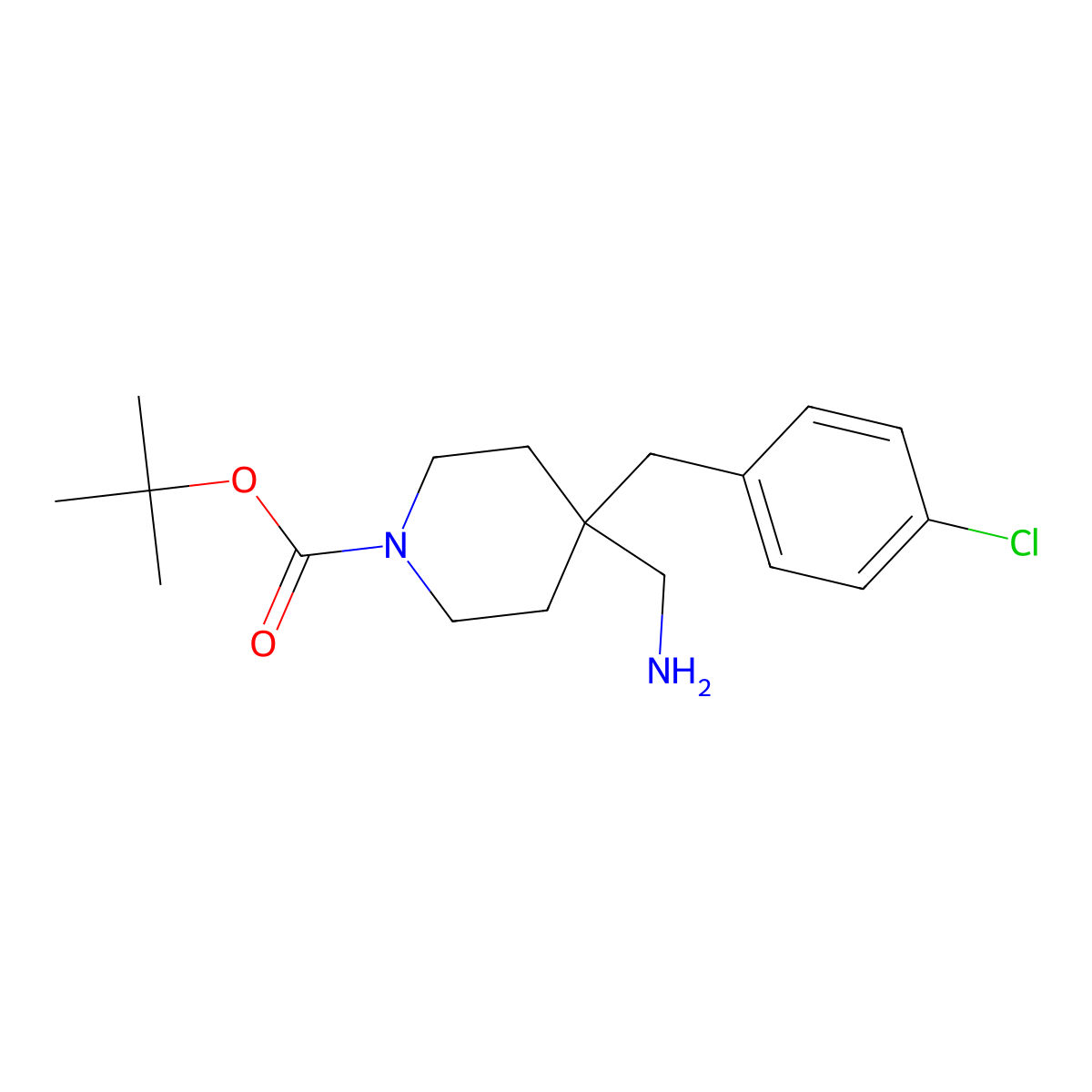 tert-Butyl 4-(aminomethyl)-4-(4-chlorobenzyl)piperidine-1-carboxylate molecular structure, CAS 1713163-28-0