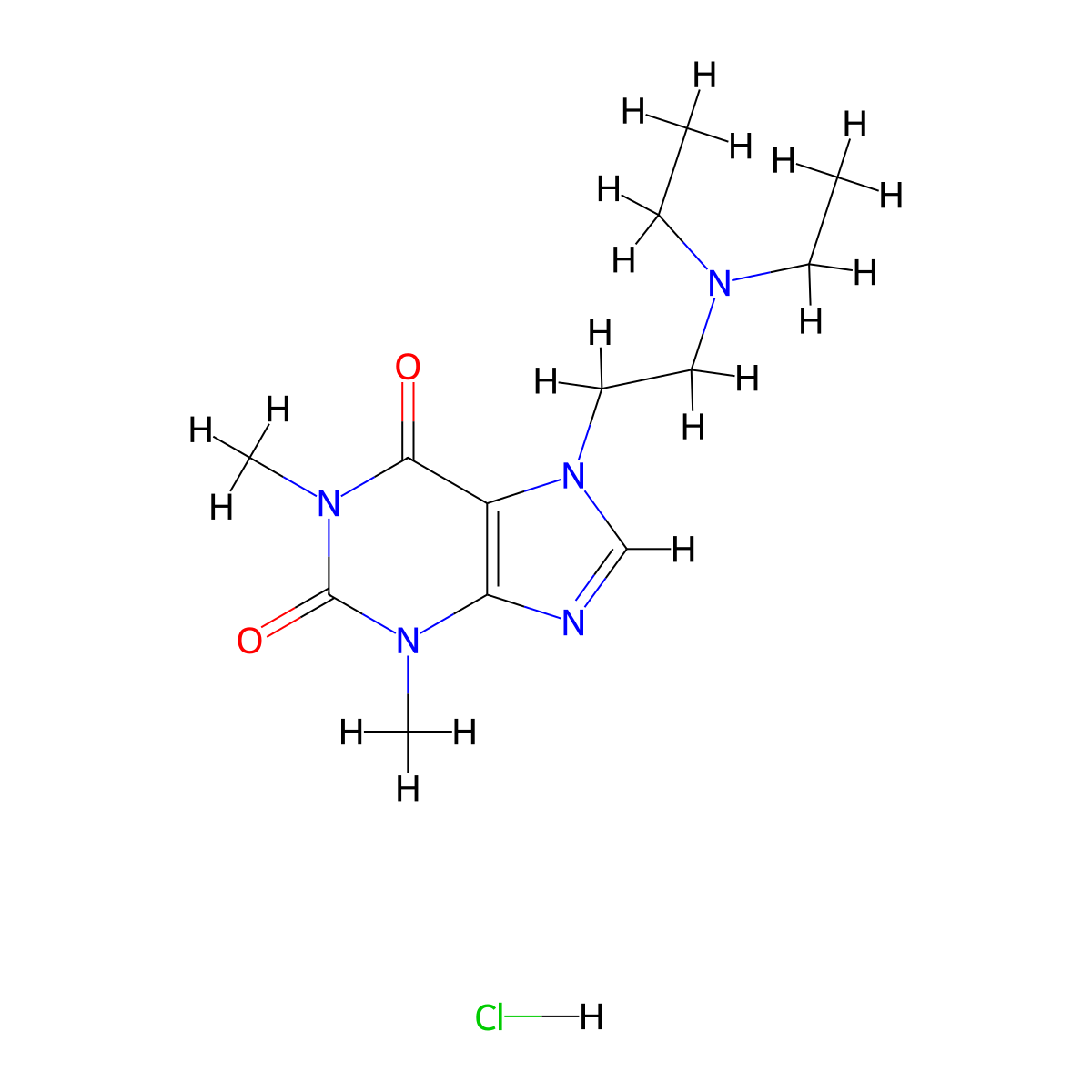 1H-Purine-2,6-dione, 7-(2-(diethylamino)ethyl)-3,7-dihydro-1,3-dimethyl-, hydrochloride (1:1) molecular structure, CAS 17140-68-0