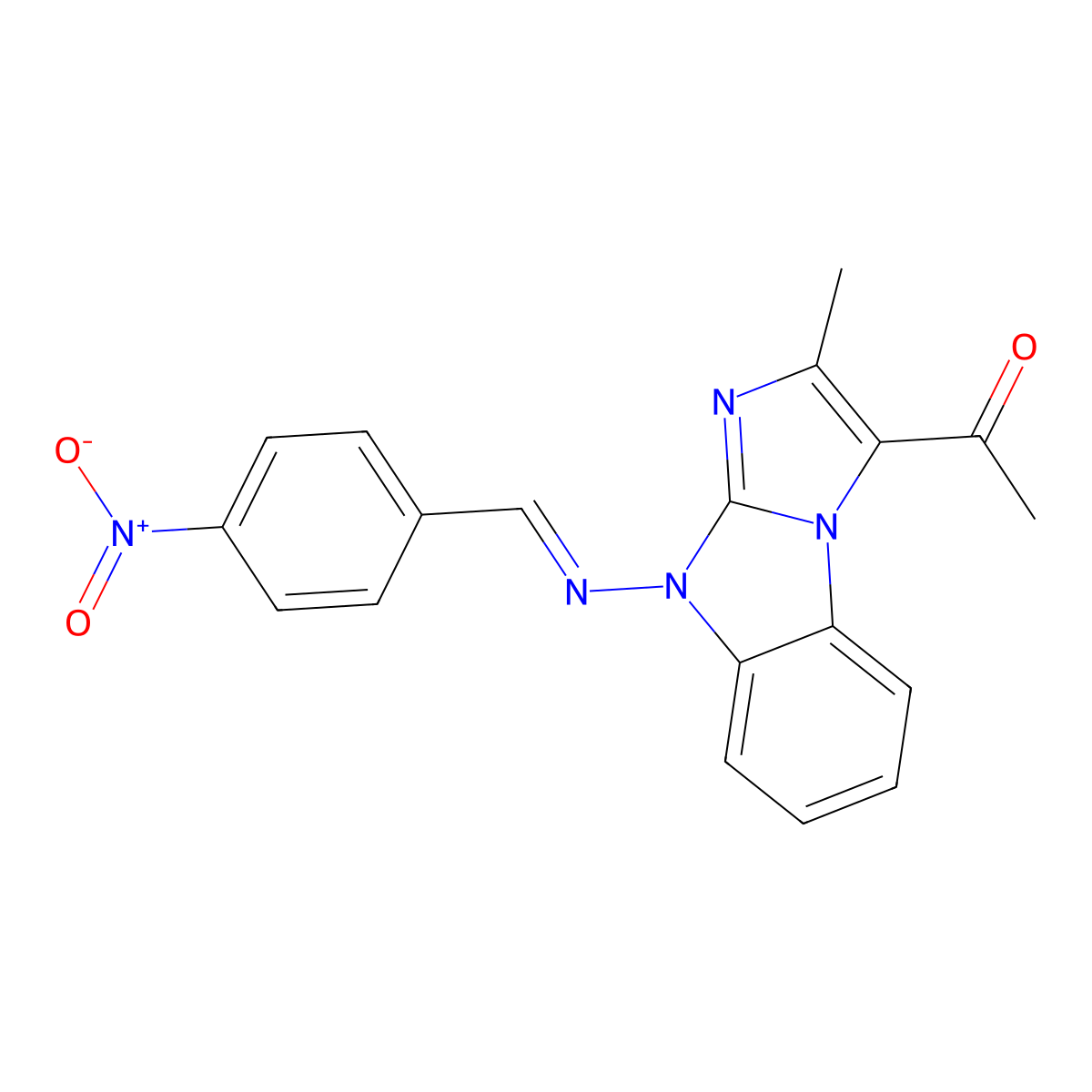 1-[2-Methyl-9-[[(4-nitrophenyl)methylene]amino]-9H-imidazo[1,2-a]benzimidazol-3-yl]ethanone molecular structure, CAS 171414-01-0