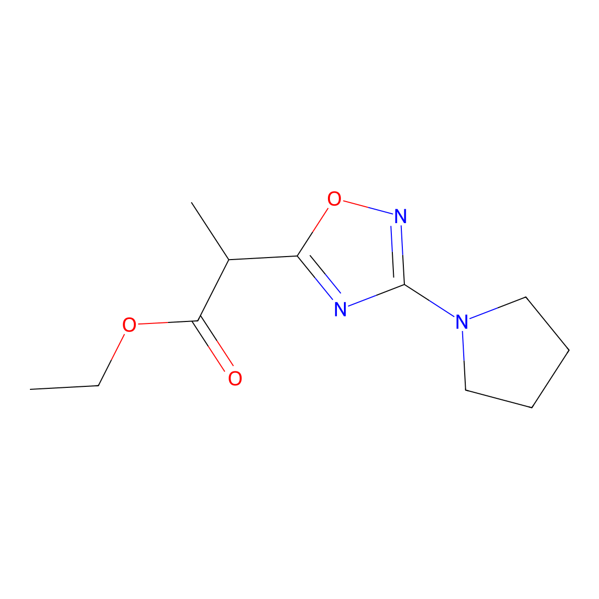 Ethyl 2-[3-(pyrrolidin-1-yl)-1,2,4-oxadiazol-5-yl]propanoate molecular structure, CAS 1714859-54-7