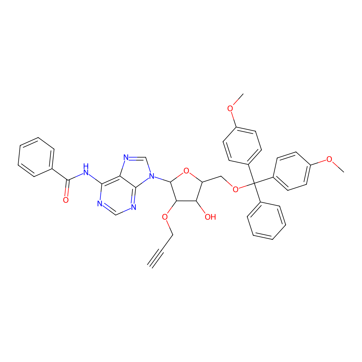 N-(9-((2R,3R,4R,5R)-5-((Bis(4-methoxyphenyl)(phenyl)methoxy)methyl)-4-hydroxy-3-(prop-2-yn-1-yloxy)tetrahydrofuran-2-yl)-9H-purin-6-yl)benzamide molecular structure, CAS 171486-51-4