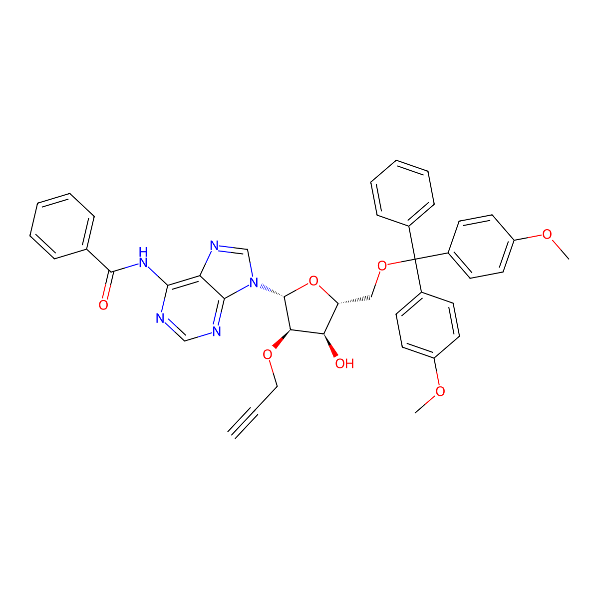 N-(9-((2R,3R,4R,5R)-5-((Bis(4-methoxyphenyl)(phenyl)methoxy)methyl)-4-hydroxy-3-(prop-2-yn-1-yloxy)tetrahydrofuran-2-yl)-9H-purin-6-yl)benzamide molecular structure, CAS 171486-51-4