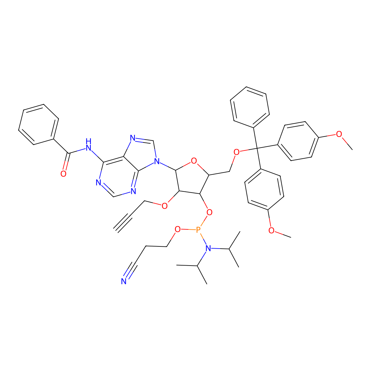 N4-Benzoyl-5'-O-(4,4'-dimethoxytrityl)-2'-O-propargyladenosine-3'-O-[(2-cyanoethyl)-(N,N-diisopropyl)]phosphoramidite molecular structure, CAS 171486-59-2