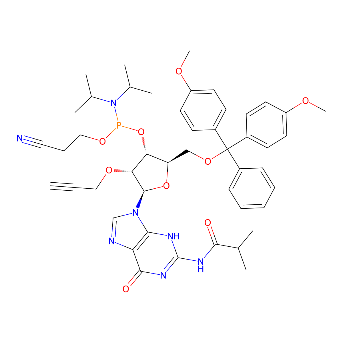 N-[9-[(2R,3R,4R,5R)-5-[[bis(4-methoxyphenyl)-phenylmethoxy]methyl]-4-[2-cyanoethoxy-[di(propan-2-yl)amino]phosphanyl]oxy-3-prop-2-ynoxyoxolan-2-yl]-6-oxo-3H-purin-2-yl]-2-methylpropanamide molecular structure, CAS 171486-61-6