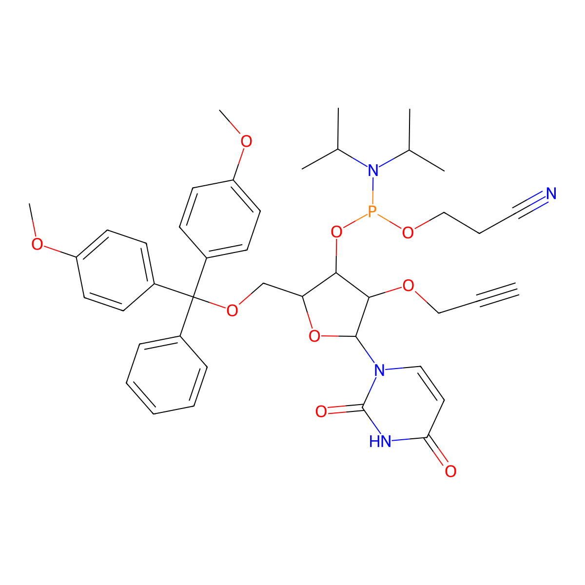 (2R,3R,4R,5R)-2-((Bis(4-methoxyphenyl)(phenyl)methoxy)methyl)-5-(2,4-dioxo-3,4-dihydropyrimidin-1(2H)-yl)-4-(prop-2-yn-1-yloxy)tetrahydrofuran-3-yl (2-cyanoethyl) diisopropylphosphoramidite molecular structure, CAS 171486-62-7