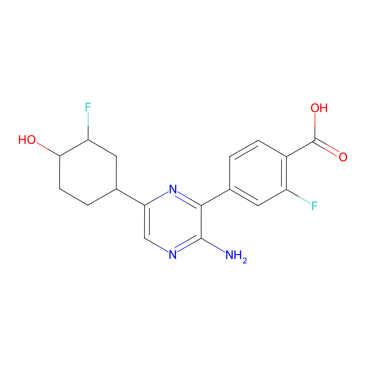 4-(3-amino-6-((1S,3S,4S)-3-fluoro-4-hydroxycyclohexyl)pyrazin-2-yl)-2-fluorobenzoic acid molecular structure, CAS 1715032-88-4