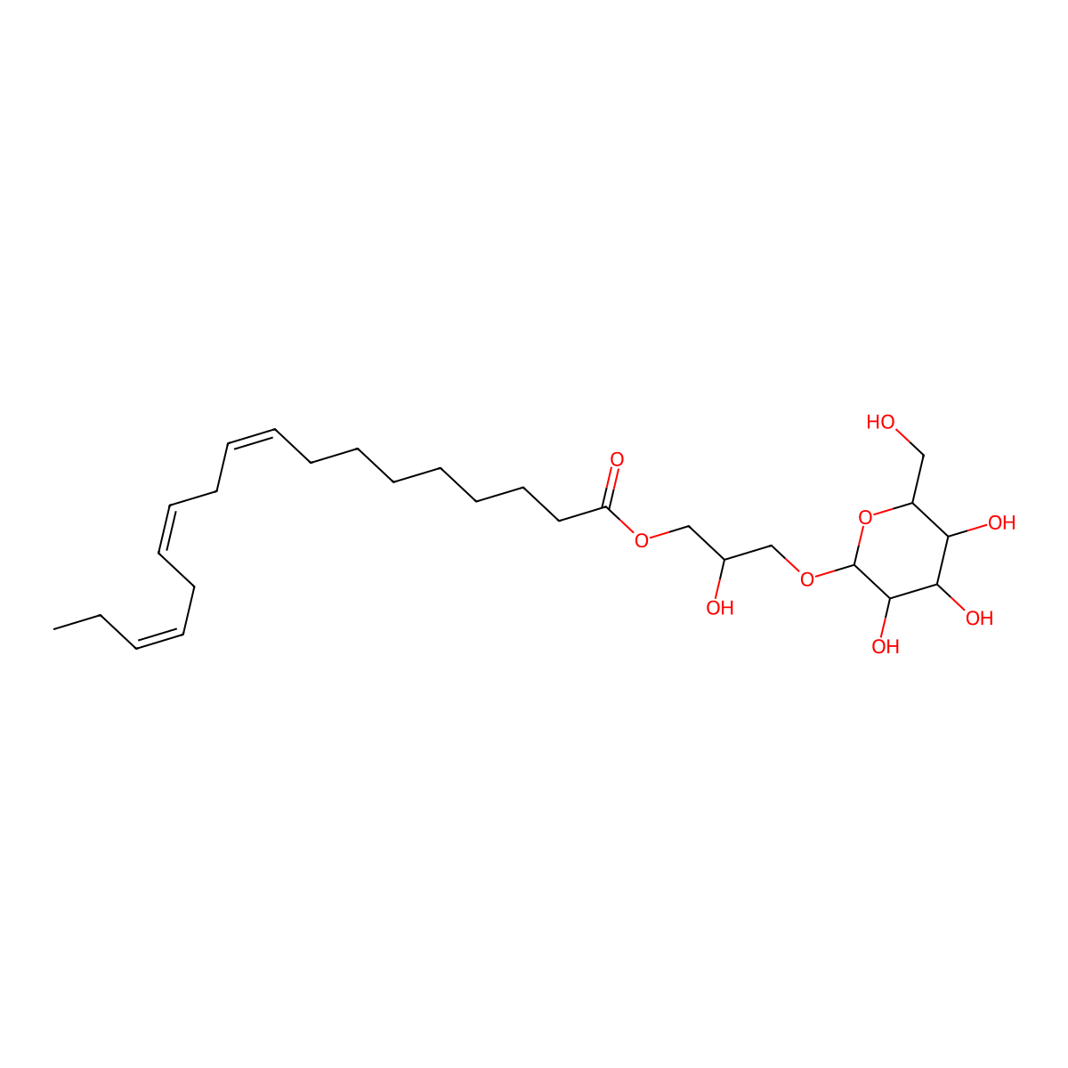 NCGC00380867-01_C27H46O9_9,12,15-Octadecatrienoic acid, 3-(hexopyranosyloxy)-2-hydroxypropyl ester, (9Z,12Z,15Z)- molecular structure, CAS 171520-42-6