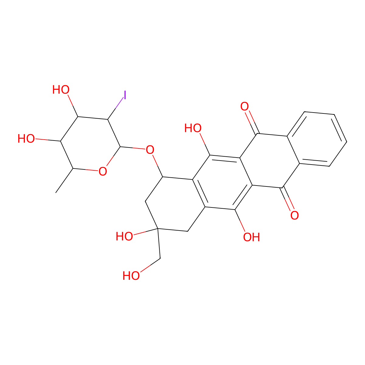 7-(4,5-dihydroxy-3-iodo-6-methyloxan-2-yl)oxy-6,9,11-trihydroxy-9-(hydroxymethyl)-8,10-dihydro-7H-tetracene-5,12-dione molecular structure, CAS 171866-15-2