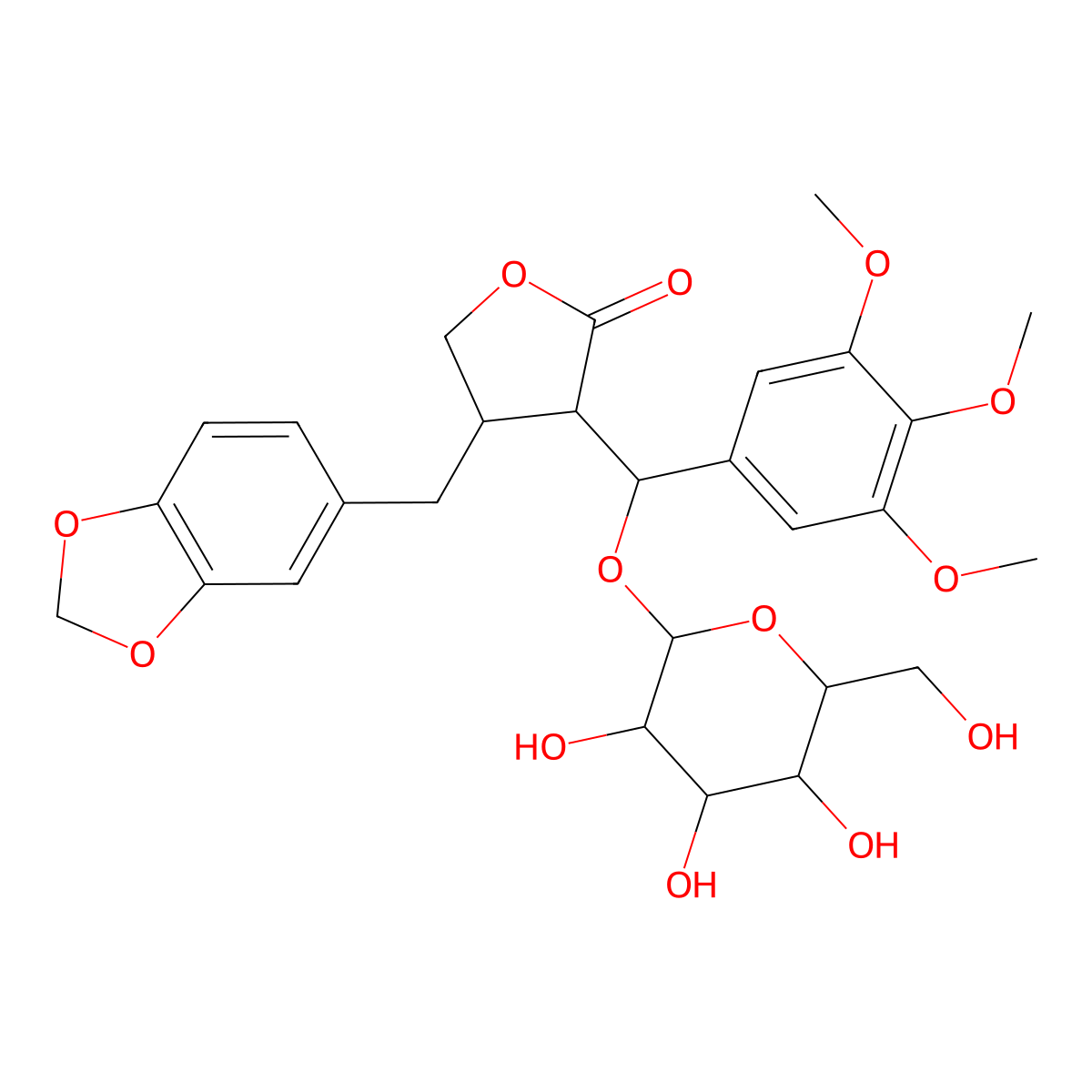 (3S,4R)-4-(1,3-Benzodioxol-5-ylmethyl)-3-((S)-(beta-D-glucopyranosyloxy)(3,4,5-trimethoxyphenyl)methyl)dihydro-2(3H)-furanone molecular structure, CAS 17187-73-4