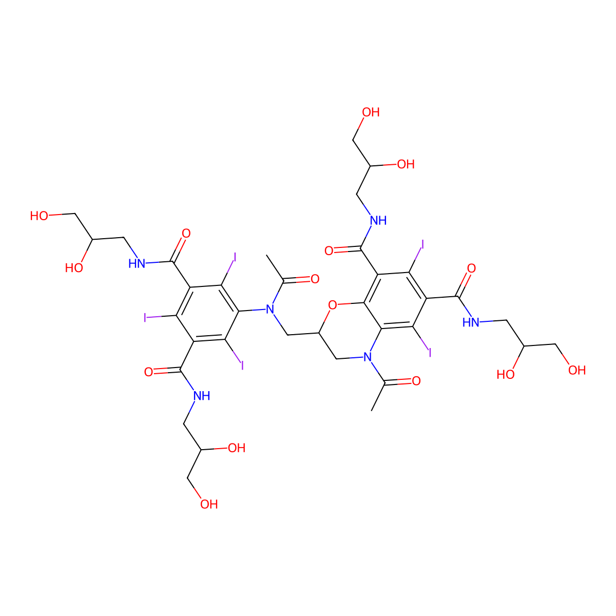 4-Acetyl-2-((acetyl(3,5-bis(((2,3-dihydroxypropyl)amino)carbonyl)-2,4,6-triiodophenyl)amino)methyl)-N,N'-bis(2,3-dihydroxypropyl)-2,3-dihydro-5,7-diiodo-4H-1,4-benzoxazine-6,8-dicarboxamide molecular structure, CAS 171897-72-6