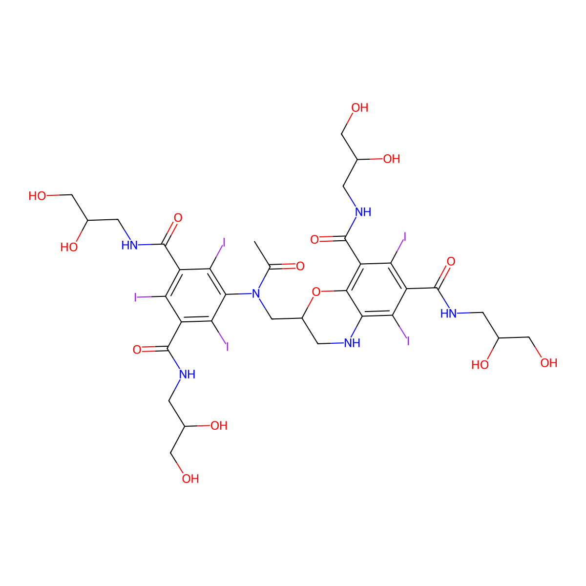 2-((Acetyl(3,5-bis(((2,3-dihydroxypropyl)amino)carbonyl)-2,4,6-triiodophenyl)amino)methyl)-N,N'-bis(2,3-dihydroxypropyl)-2,3-dihydro-5,7-diiodo-4H-1,4-benzoxazine-6,8-dicarboxamide molecular structure, CAS 171897-73-7