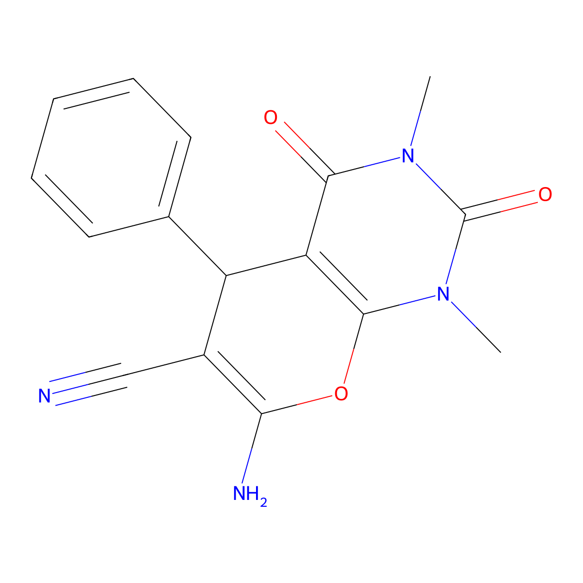 7-amino-1,3-dimethyl-2,4-dioxo-5-phenyl-1,3,4,5-tetrahydro-2H-pyrano[2,3-d]pyrimidine-6-carbonitrile molecular structure, CAS 172023-24-4
