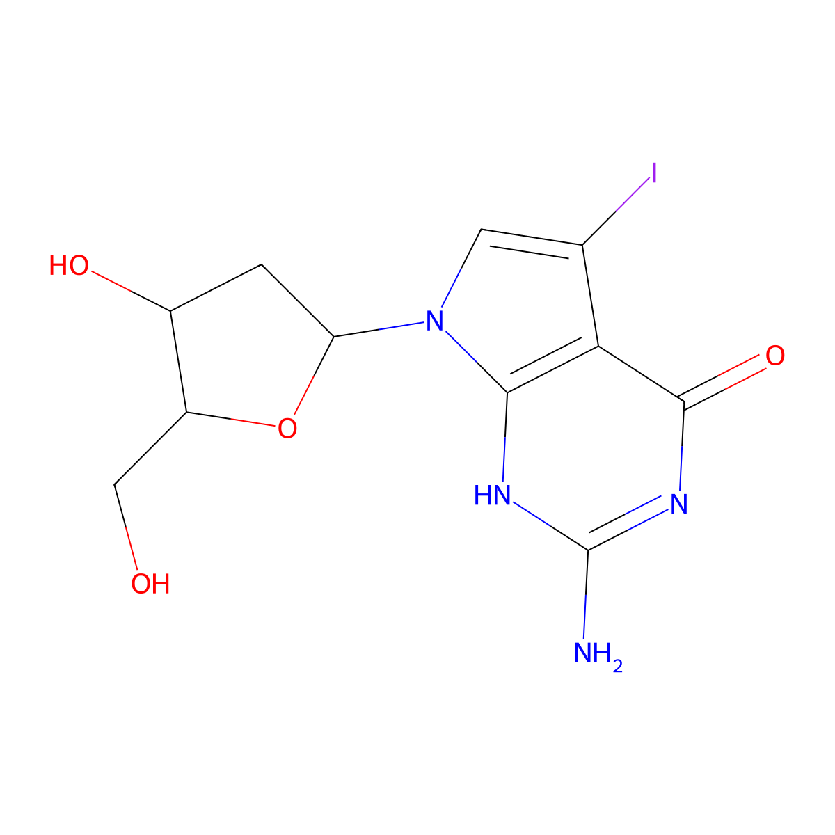 2-amino-7-[(2R,4S,5R)-4-hydroxy-5-(hydroxymethyl)oxolan-2-yl]-5-iodo-1H-pyrrolo[2,3-d]pyrimidin-4-one molecular structure, CAS 172163-62-1