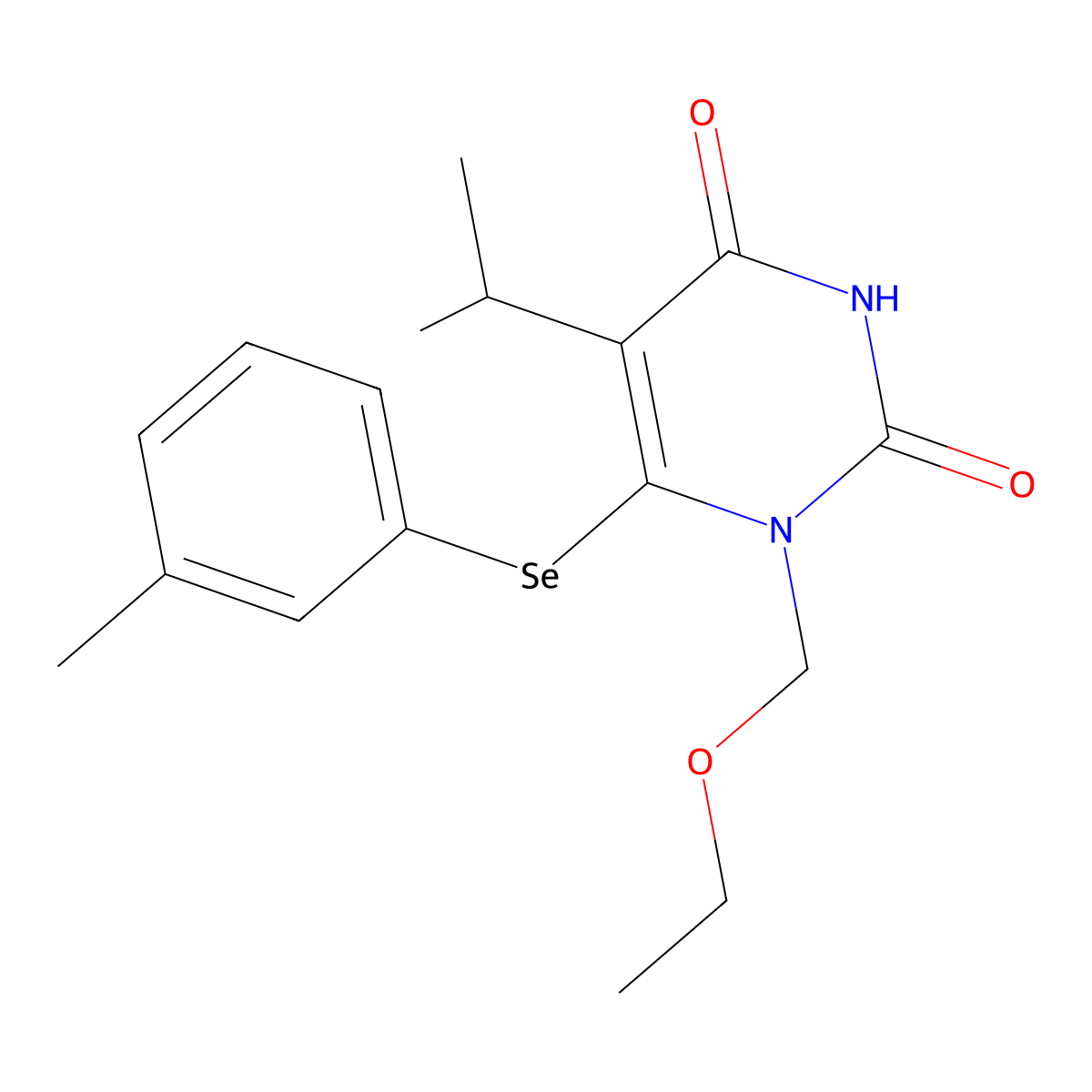 2,4(1H,3H)-Pyrimidinedione, 1-(ethoxymethyl)-5-(1-methylethyl)-6-((3-methylphenyl)seleno)- molecular structure, CAS 172256-07-4