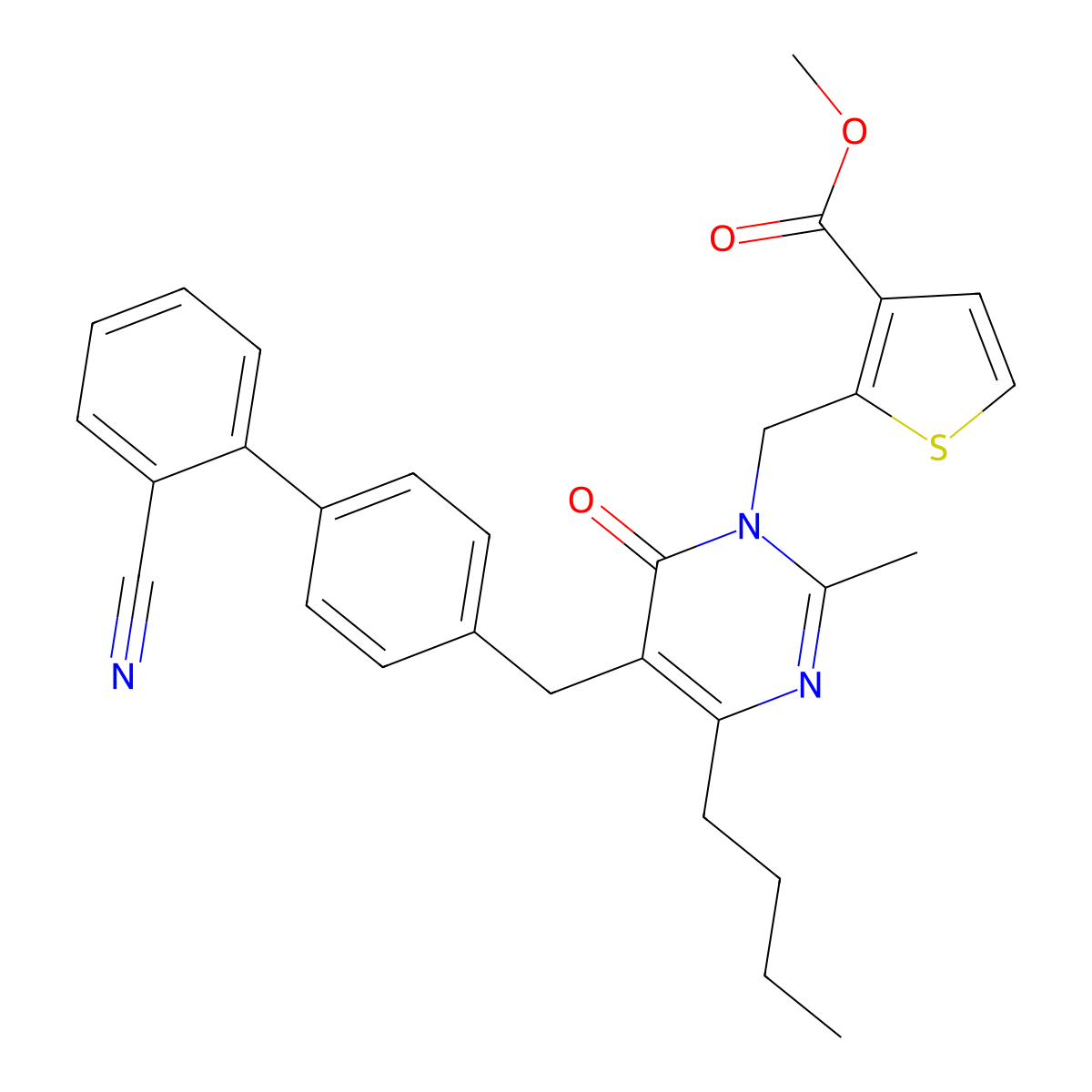 Methyl 2-((4-butyl-5-((2'-cyano-[1,1'-biphenyl]-4-yl)methyl)-2-methyl-6-oxopyrimidin-1(6H)-yl)methyl)thiophene-3-carboxylate molecular structure, CAS 172292-52-3