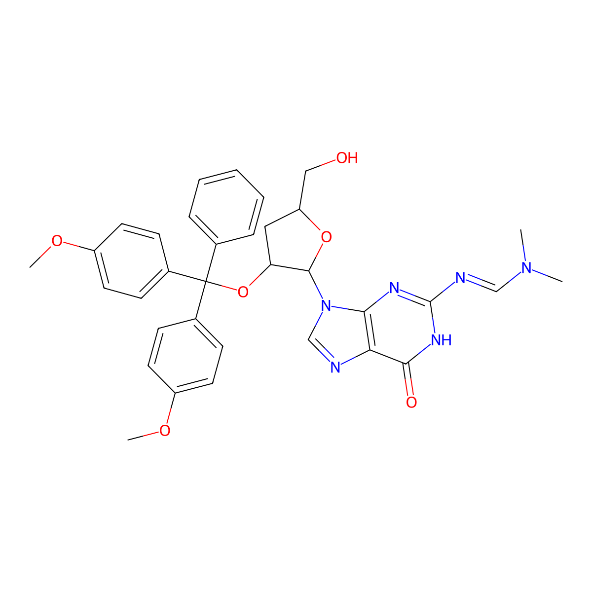 N'-[9-[3-[bis(4-methoxyphenyl)-phenylmethoxy]-5-(hydroxymethyl)oxolan-2-yl]-6-oxo-1H-purin-2-yl]-N,N-dimethylmethanimidamide molecular structure, CAS 172361-60-3