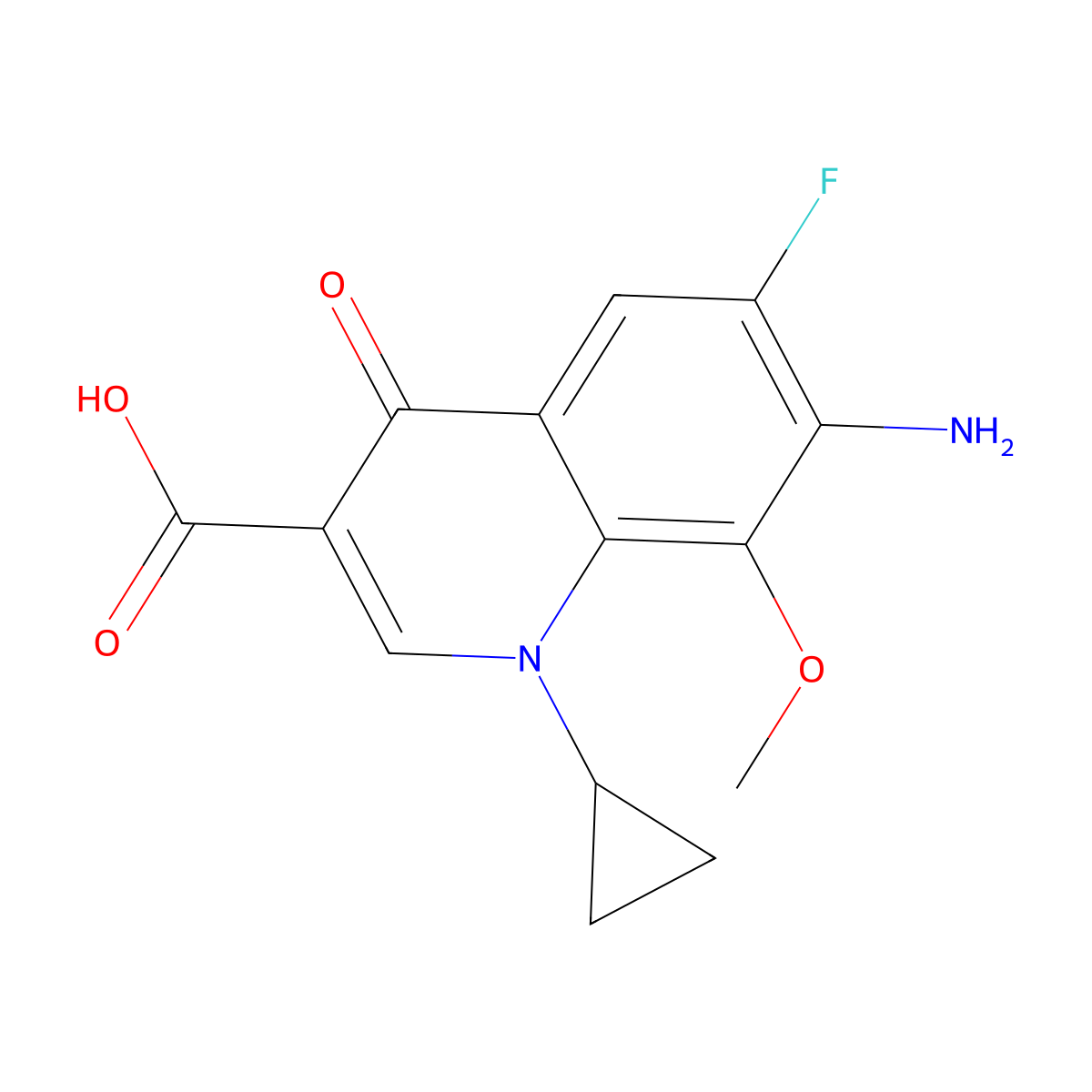 7-Amino-1-cyclopropyl-6-fluoro-1,4-dihydro-8-methoxy-4-oxo-3-quinolinecarboxylic Acid molecular structure, CAS 172426-88-9