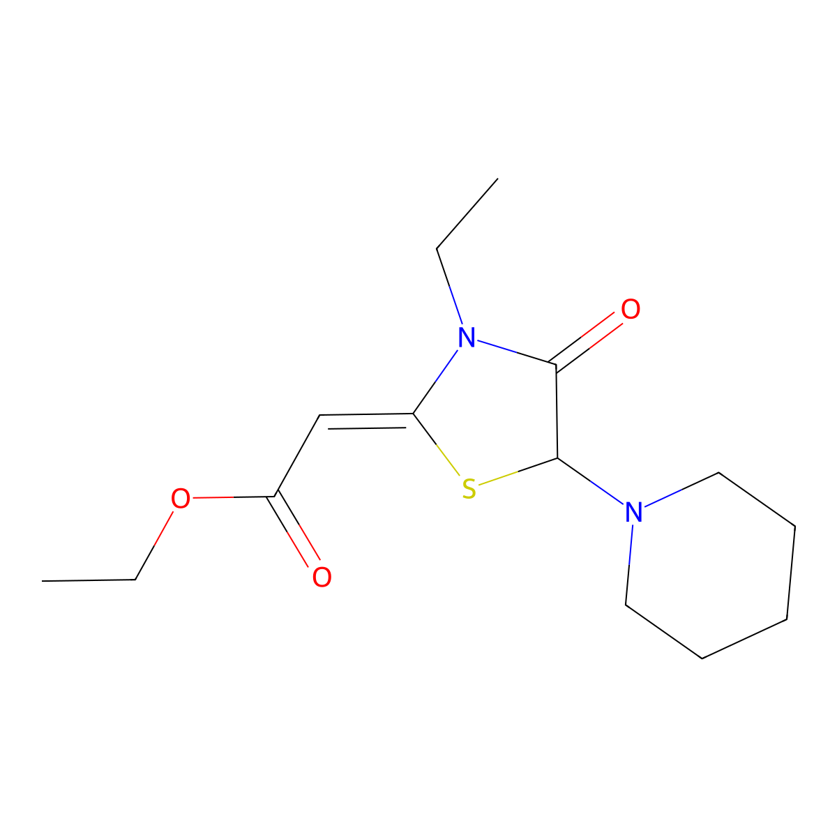 Ethyl 2-(3-ethyl-4-oxo-5-piperidin-1-yl-1,3-thiazolidin-2-ylidene)acetate molecular structure, CAS 17243-64-0