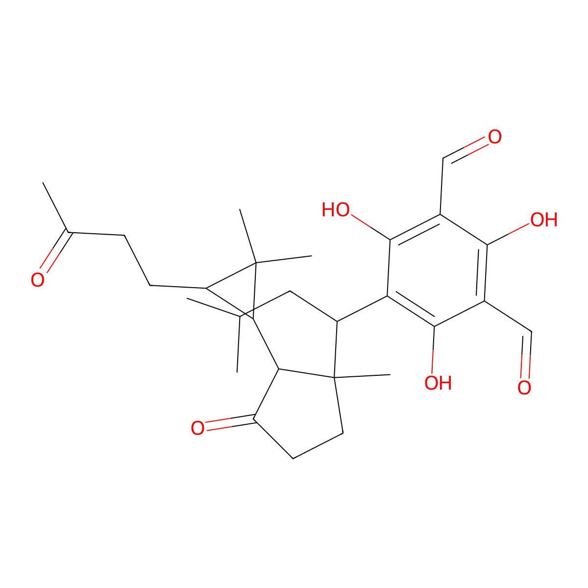 5-[(1R)-1-[(1R,2R)-2-[(1R,3R)-2,2-dimethyl-3-(3-oxobutyl)cyclopropyl]-1-methyl-3-oxocyclopentyl]-3-methylbutyl]-2,4,6-trihydroxybenzene-1,3-dicarbaldehyde molecular structure, CAS 172617-99-1