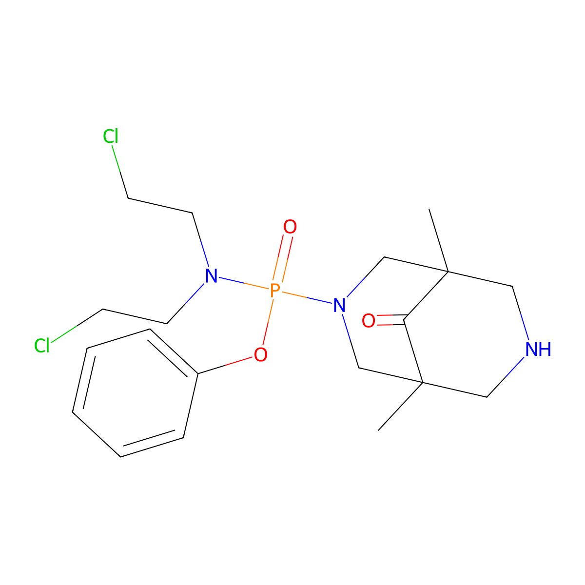 Phenyl N,N-bis(2-chloroethyl)-P-(1,5-dimethyl-9-oxo-3,7-diazabicyclo(3.3.1)non-3-yl)phosphonamidate molecular structure, CAS 172882-00-7