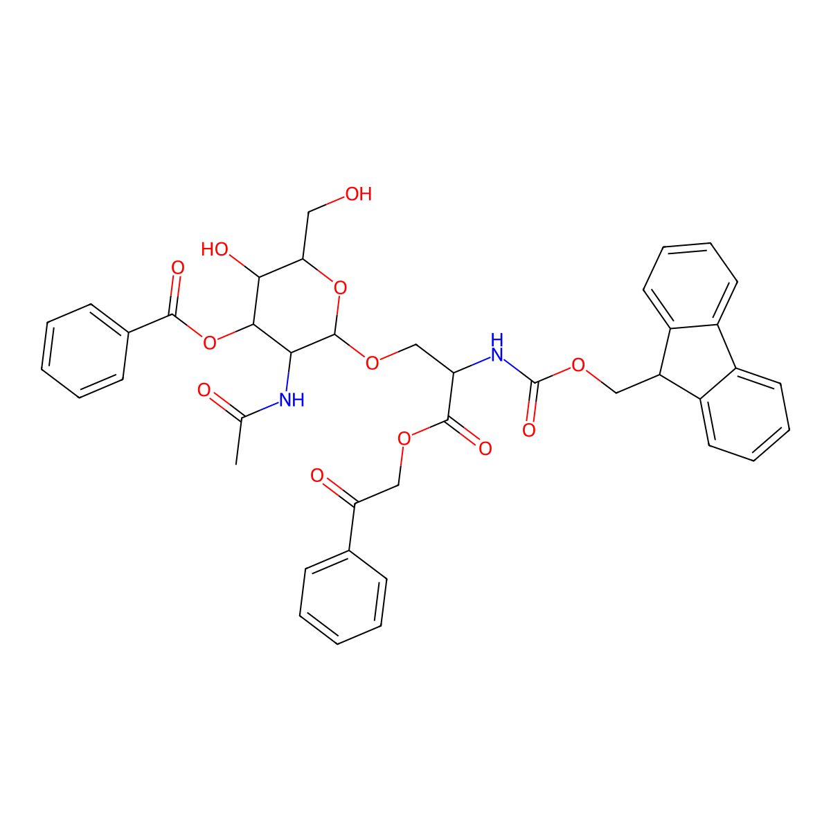 [3-acetamido-2-[2-(9H-fluoren-9-ylmethoxycarbonylamino)-3-oxo-3-phenacyloxypropoxy]-5-hydroxy-6-(hydroxymethyl)oxan-4-yl] benzoate molecular structure, CAS 172939-67-2