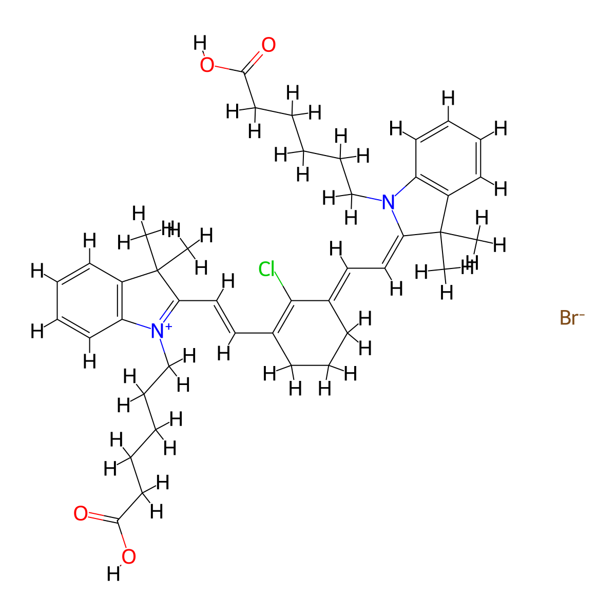 3H-Indolium, 1-(5-carboxypentyl)-2-[2-[3-[2-[1-(5-carboxypentyl)-1,3-dihydro-3,3-dimethyl-2H-indol-2-ylidene]ethylidene]-2-chloro-1-cyclohexen-1-yl]ethenyl]-3,3-dimethyl-, bromide (1:1) molecular structure, CAS 172971-76-5