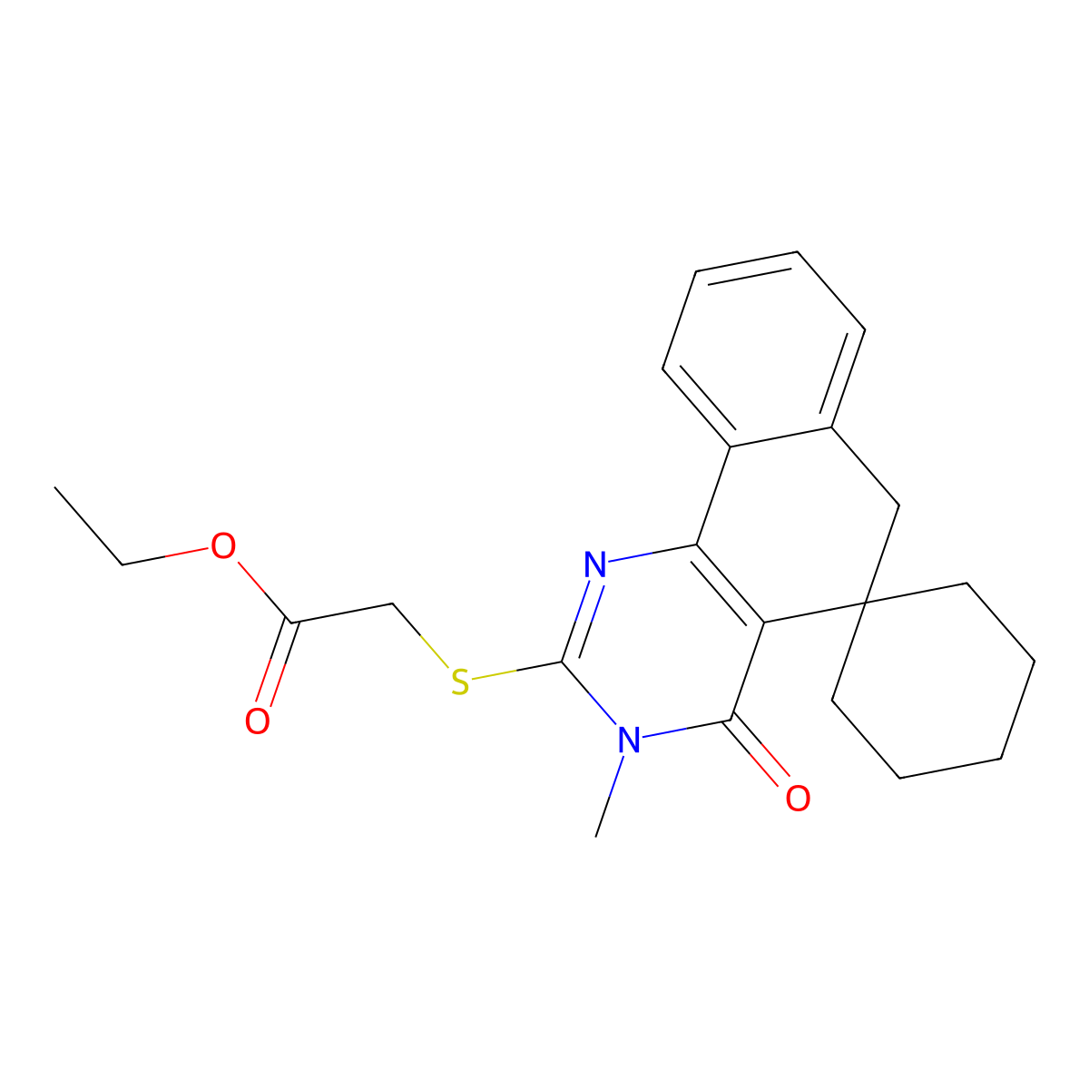 Acetic acid, ((4,6-dihydro-3-methyl-4-oxospiro(benzo(h)quinazoline-5(3H),1'-cyclohexan)-2-yl)thio)-, ethyl ester molecular structure, CAS 172984-39-3