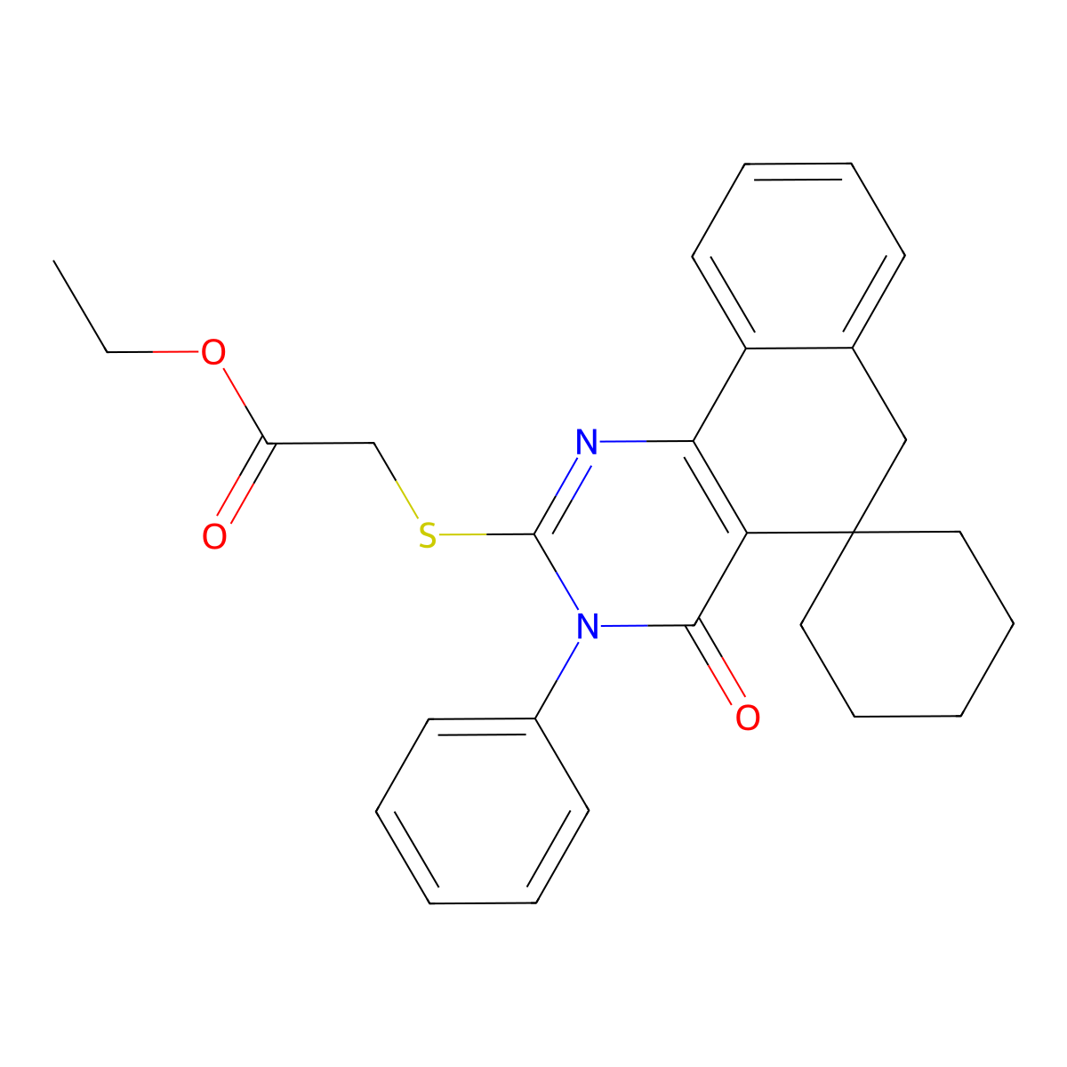 Acetic acid, ((4,6-dihydro-4-oxo-3-phenylspiro(benzo(h)quinazoline-5(3H),1'-cyclohexan)-2-yl)thio)-, ethyl ester molecular structure, CAS 172984-43-9