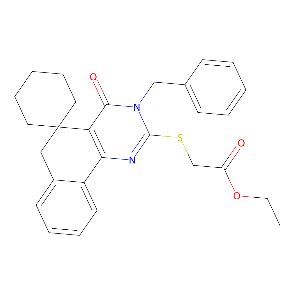 Acetic acid, ((4,6-dihydro-4-oxo-3-(phenylmethyl)spiro(benzo(h)quinazoline-5(3H),1'-cyclohexan)-2-yl)thio)-, ethyl ester molecular structure, CAS 172984-47-3
