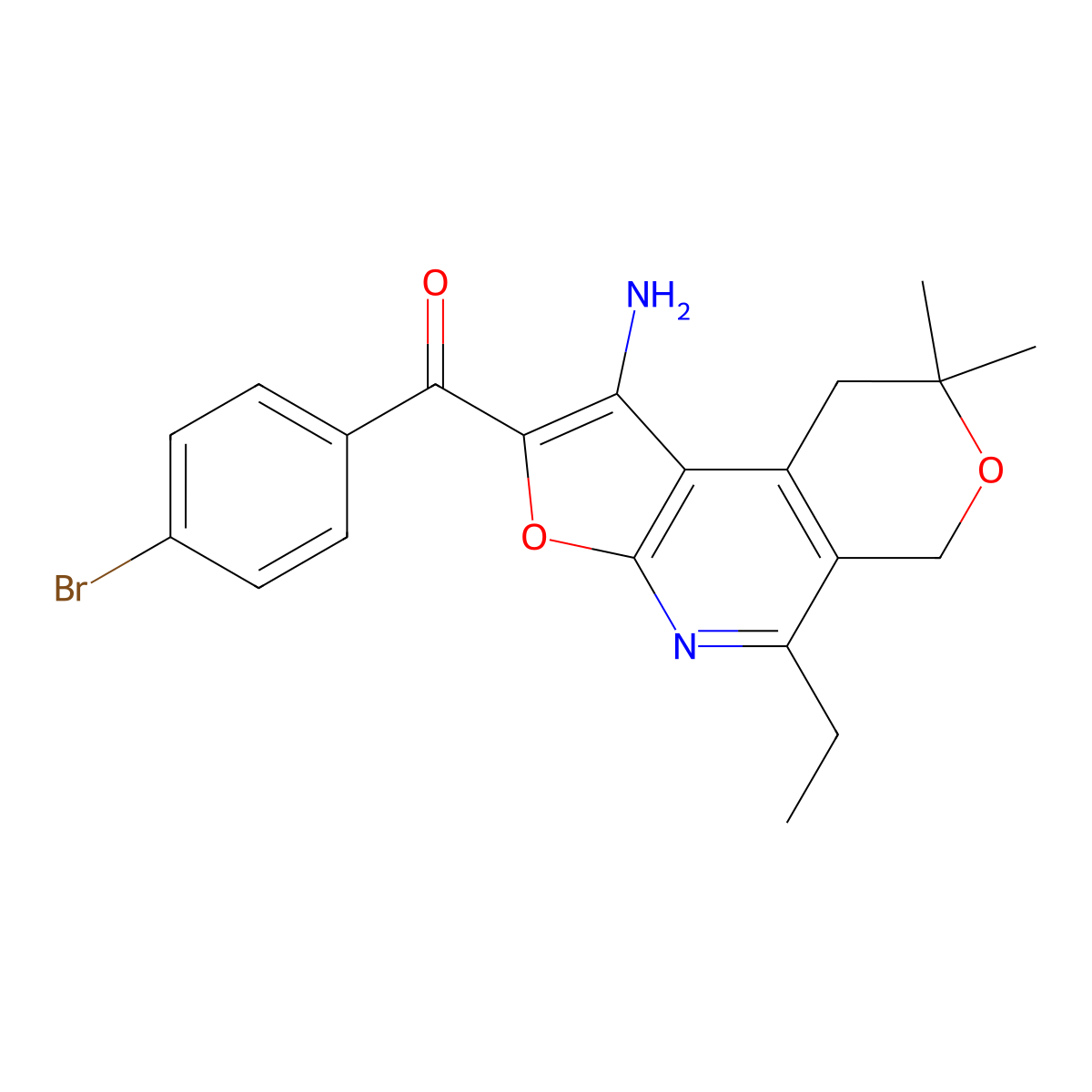Methanone, (1-amino-5-ethyl-8,9-dihydro-8,8-dimethyl-6H-furo(2,3-b)pyrano(4,3-d)pyridin-2-yl)(4-bromophenyl)- molecular structure, CAS 172985-19-2